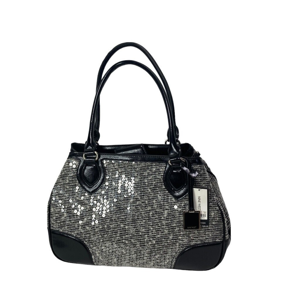 NWT NINE WEST Handbag Satchel Double‎ Handle Black White Sequins  15x10x5.5" NEW